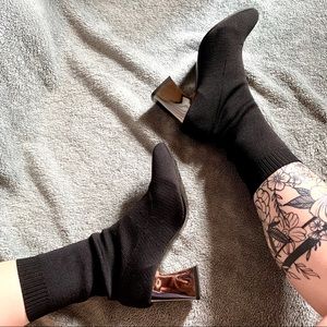 Block Heel Black Sock Booties Ankle Boots